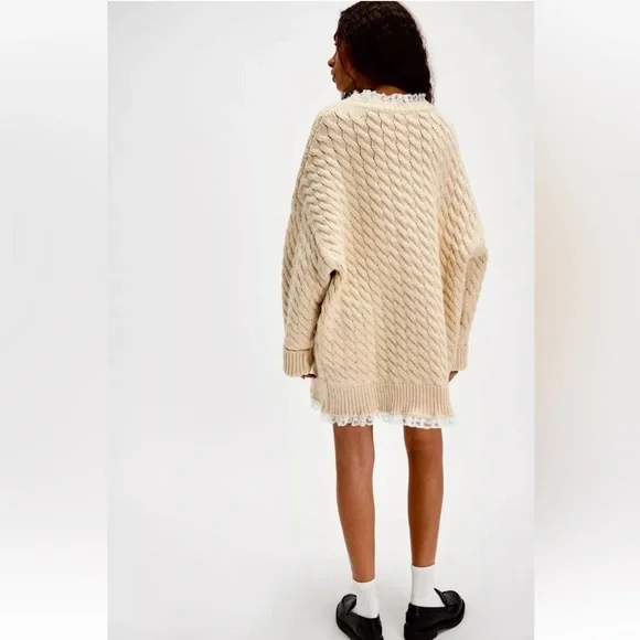 Free People For Love & Lemons Milana Sweater Dress Cable Knit Lace Cream Ivory - Picture 3 of 7